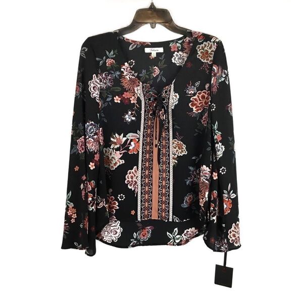Takara Blouse Tie Front Black Floral Orange White Bell Sleeves Small - Picture 4 of 7